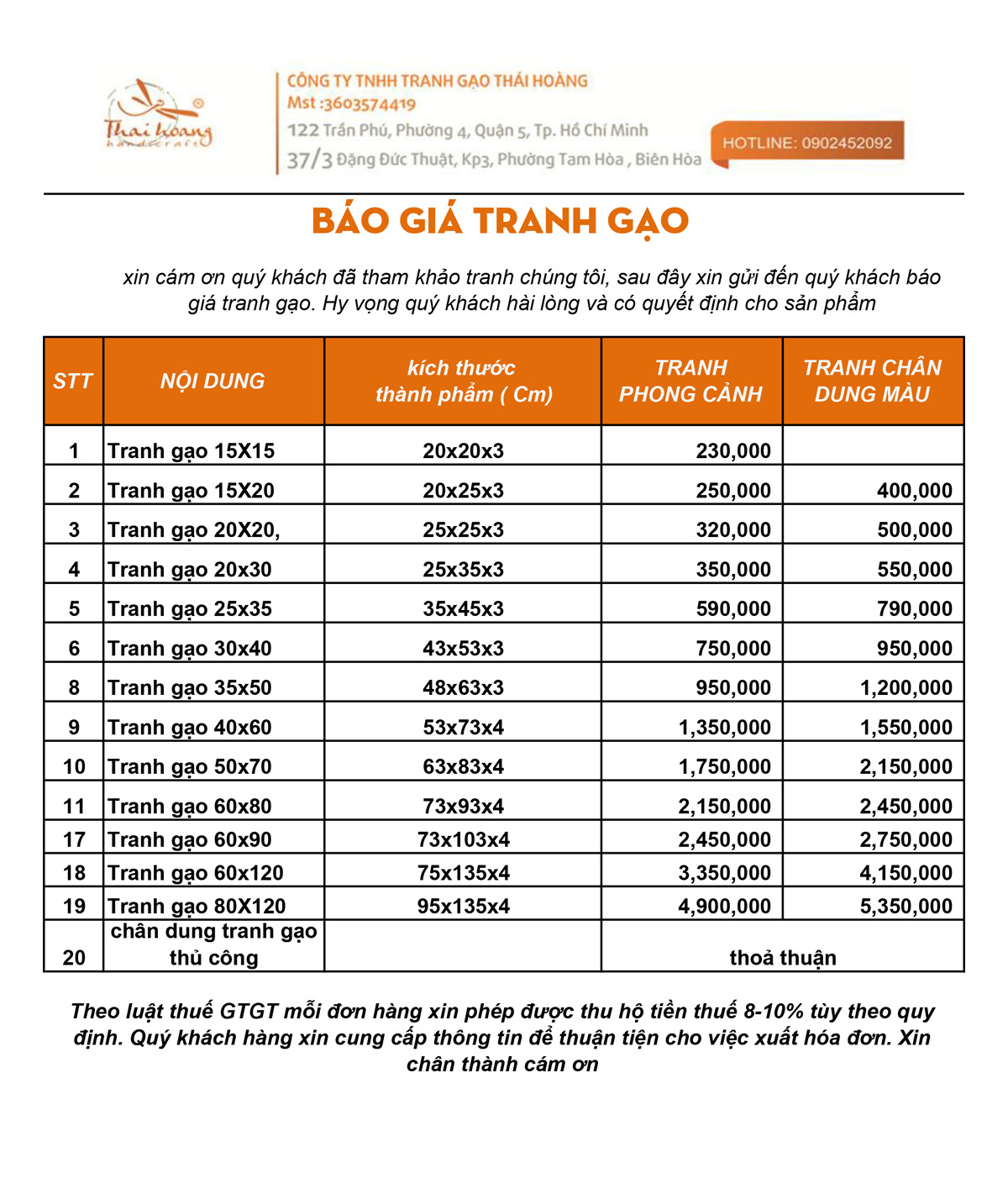 Bảng gi&aacute; tranh gạo