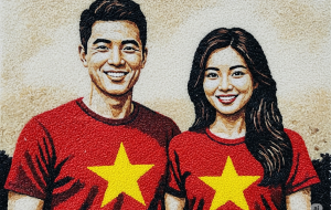 Rice painting depicting a young man and woman wearing shirts with the national flag.